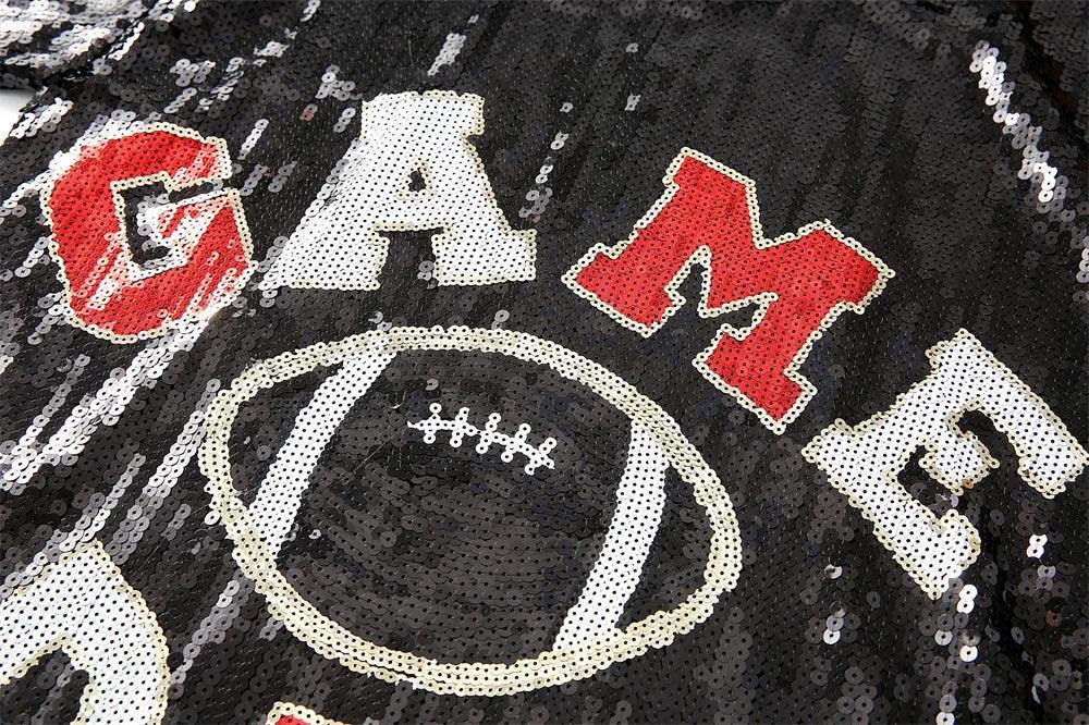 game day black + red sequin t-shirt dress - basil boutique