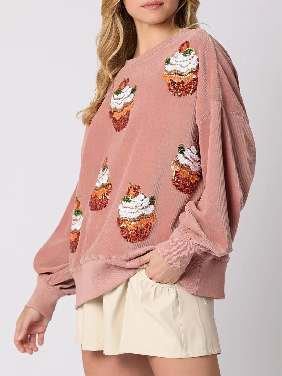 pumpkin cupcake sequin crew sweater - basil boutique