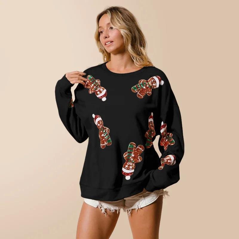 gingerbread man sequin crew sweater - basil boutique