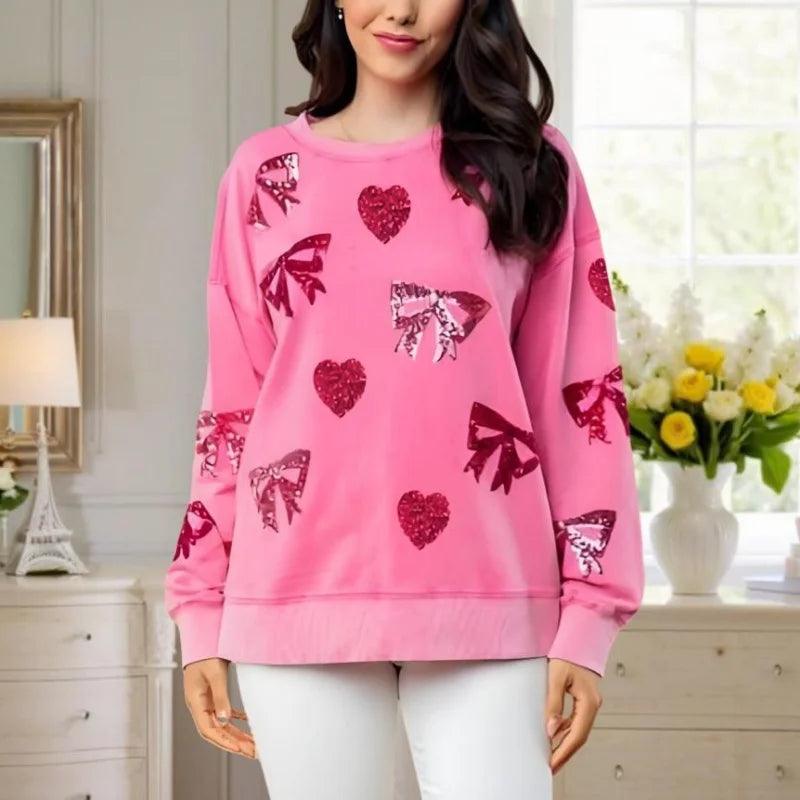 bow + heart sequin crew sweater