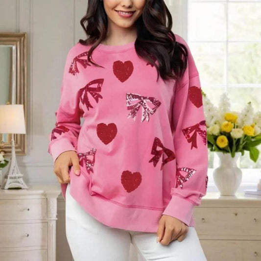 bow + heart sequin crew sweater