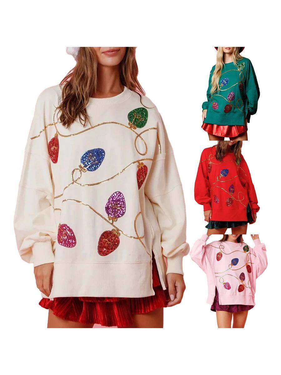 holiday lights sequin crew sweater - basil boutique
