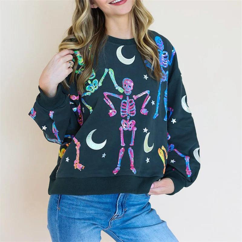 sparkly skeletons sequin crew sweater - basil boutique
