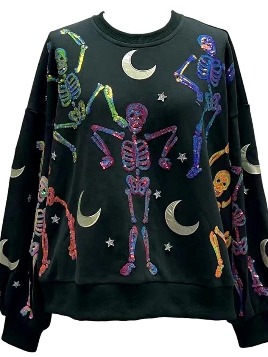 sparkly skeletons sequin crew sweater - basil boutique