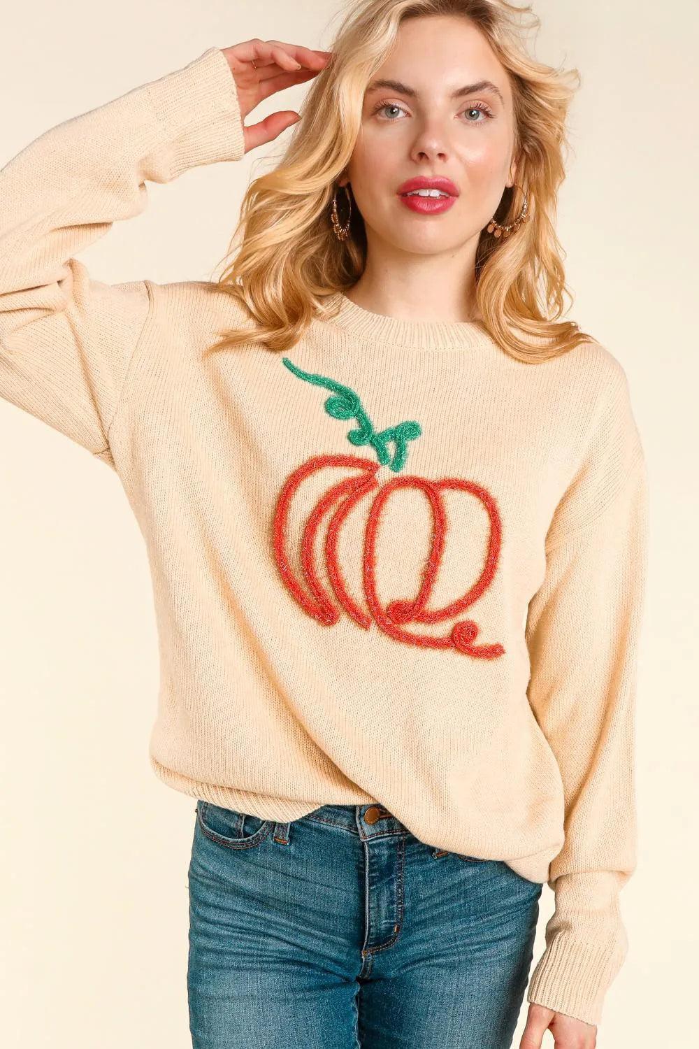 pumpkin tinsel crew sweater - basil boutique