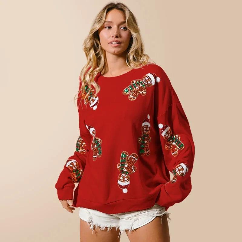 gingerbread man sequin crew sweater - basil boutique