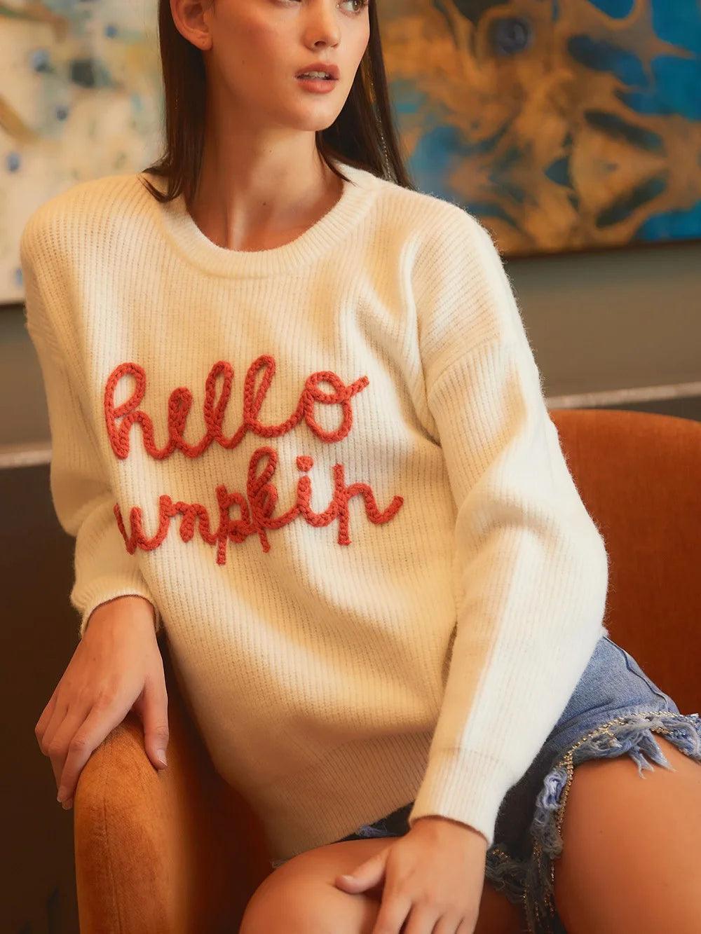 hello pumpkin knit crew sweater - basil boutique