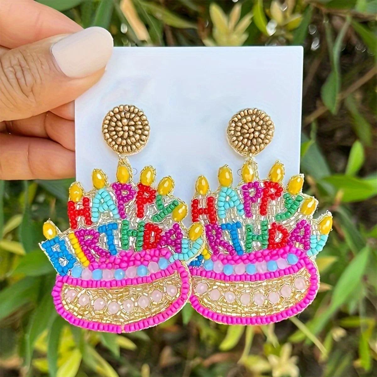 happy birthday beaded earrings - basil boutique