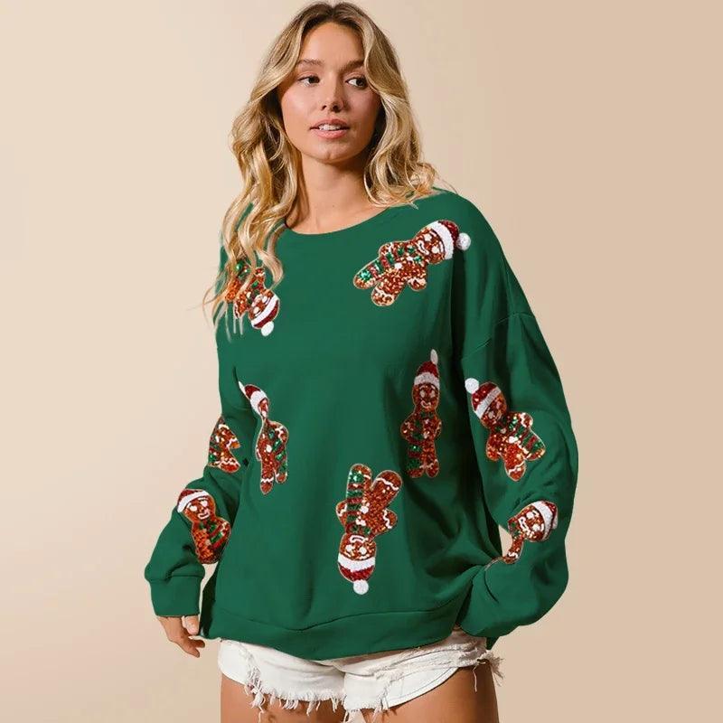 gingerbread man sequin crew sweater - basil boutique
