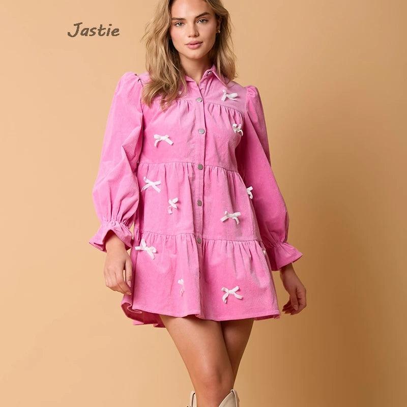 bow corduroy ruffle dress