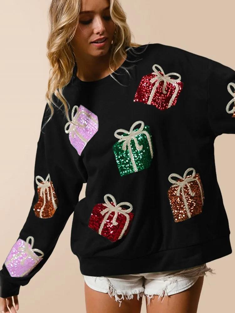 holiday present sequin crew sweater - basil boutique