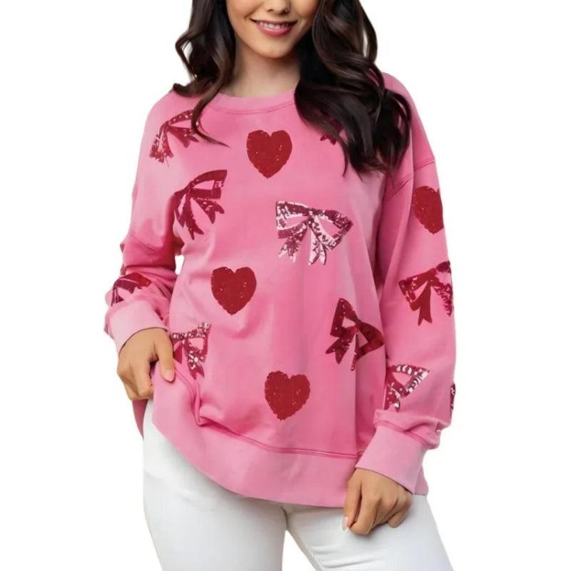 bow + heart sequin crew sweater