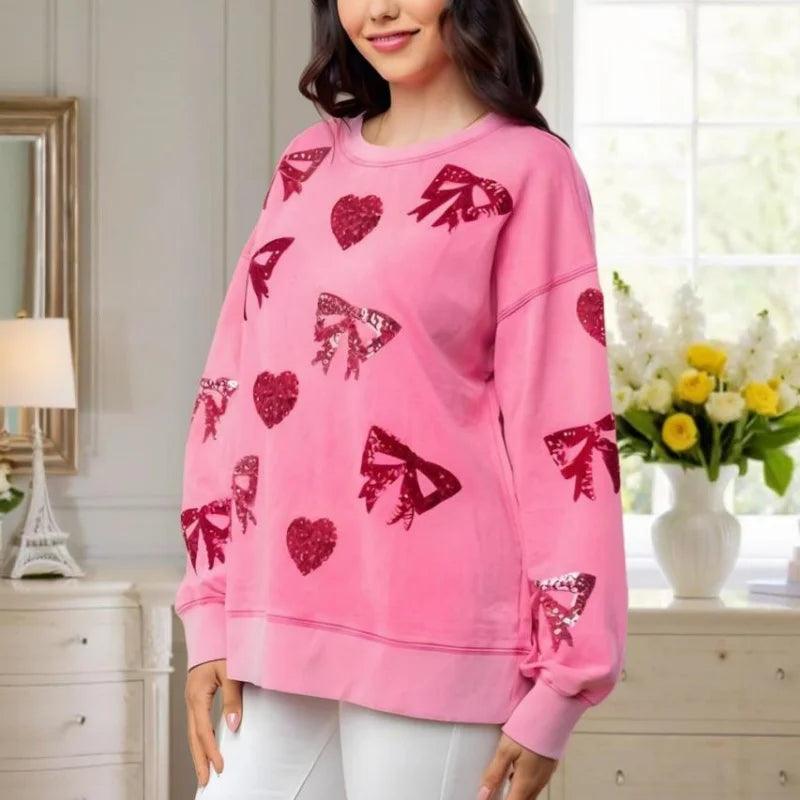 bow + heart sequin crew sweater