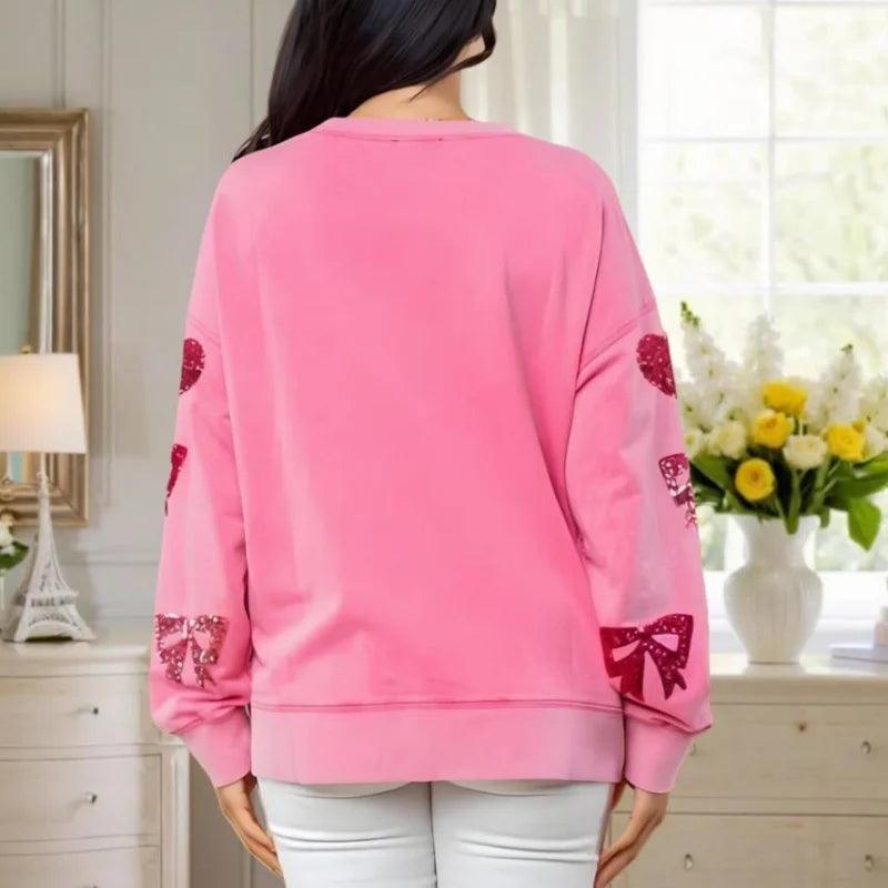 bow + heart sequin crew sweater