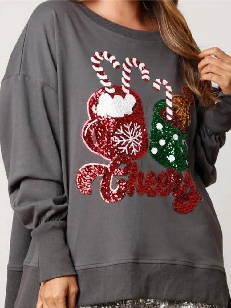 cheers holiday sequin crew sweater - basil boutique