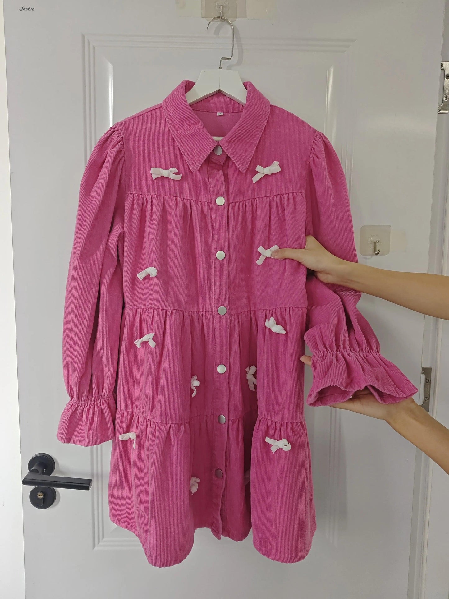 bow corduroy ruffle dress