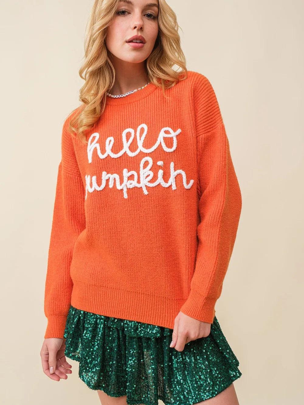 hello pumpkin knit crew sweater - basil boutique
