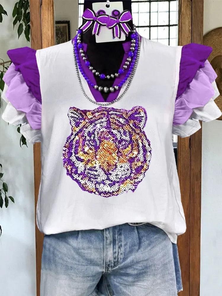 tiger sequin ruffle sleeve top - basil boutique