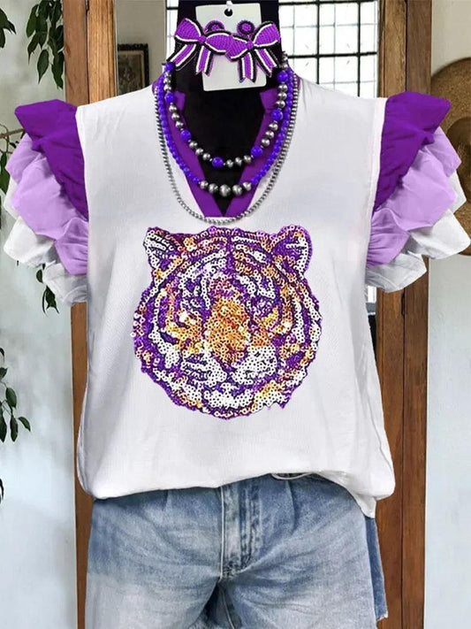 tiger sequin ruffle sleeve top - basil boutique