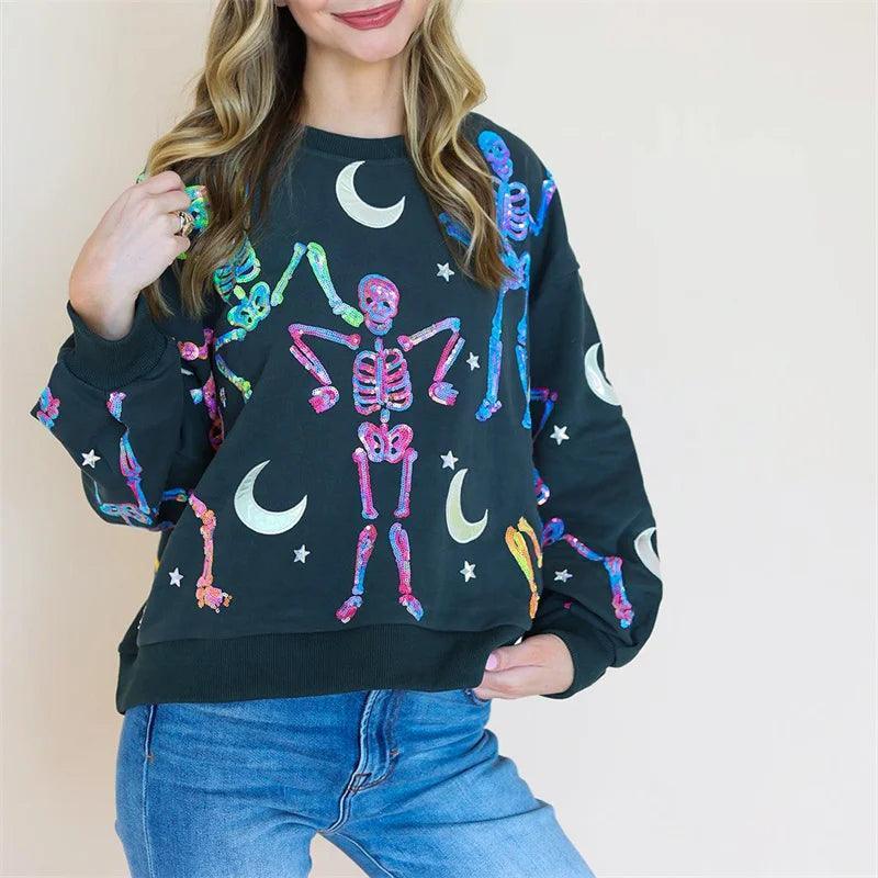 sparkly skeletons sequin crew sweater - basil boutique