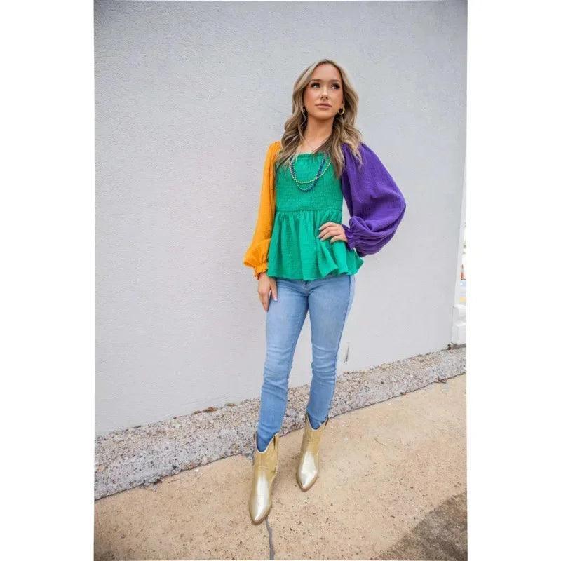 mardi gras color block tops - basil boutique