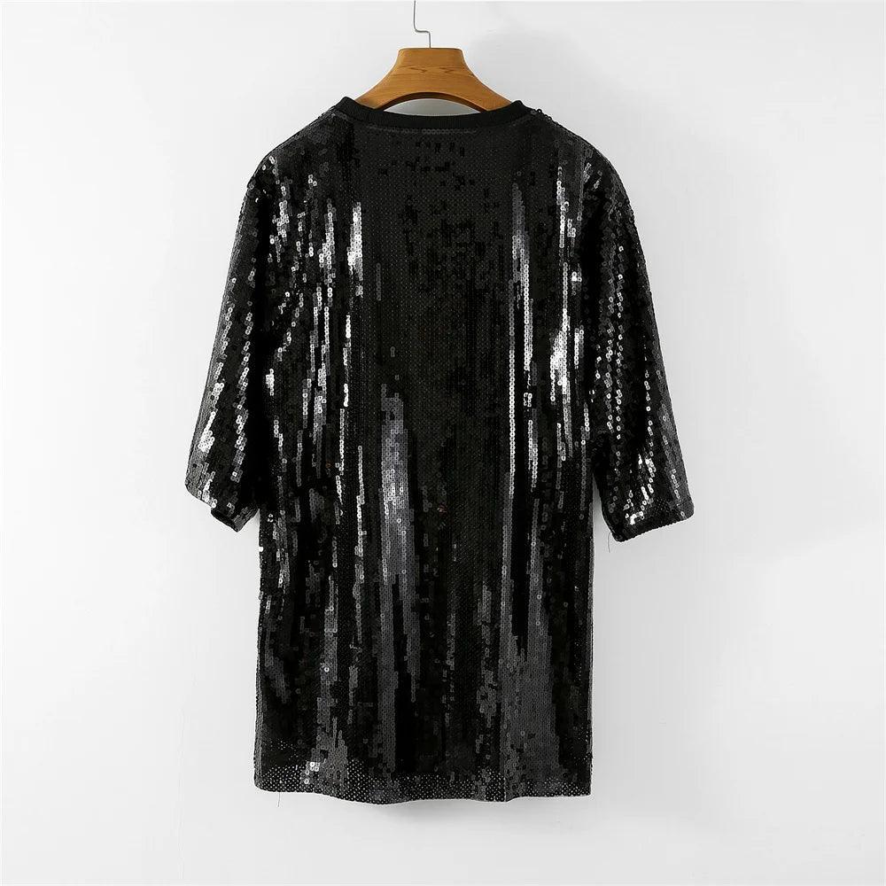 game day black + red sequin t-shirt dress - basil boutique