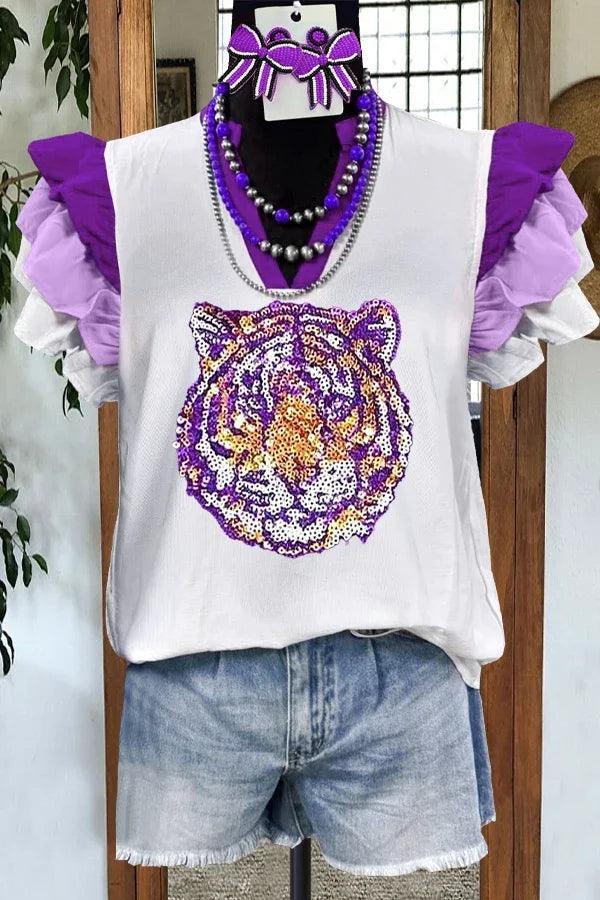 tiger sequin ruffle sleeve top - basil boutique