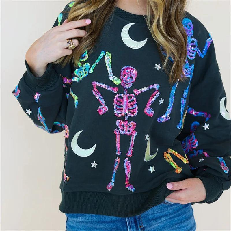 sparkly skeletons sequin crew sweater - basil boutique