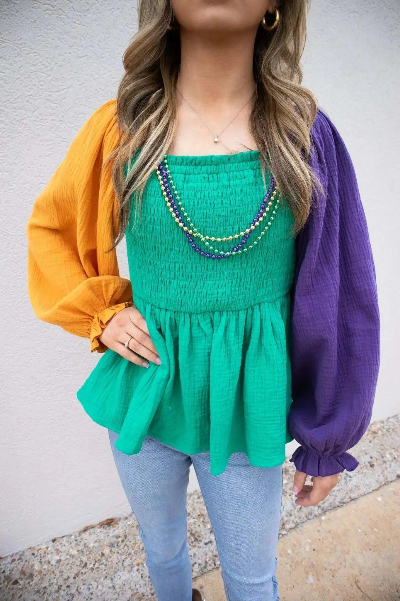 mardi gras color block tops - basil boutique