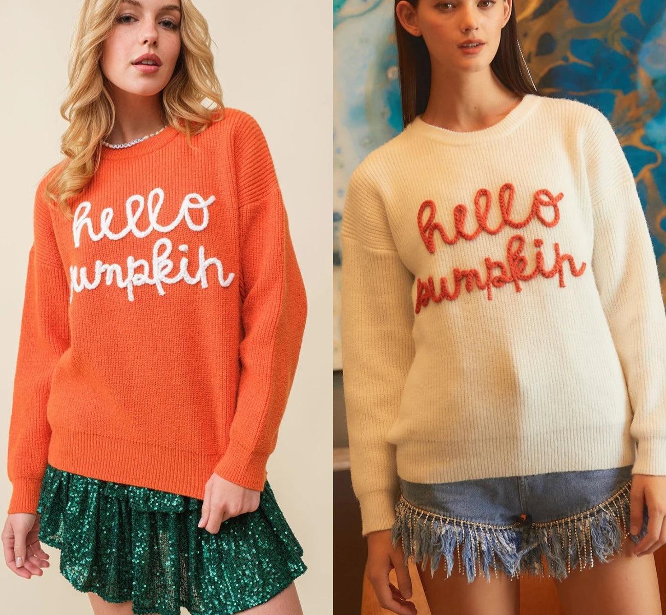 hello pumpkin knit crew sweater - basil boutique