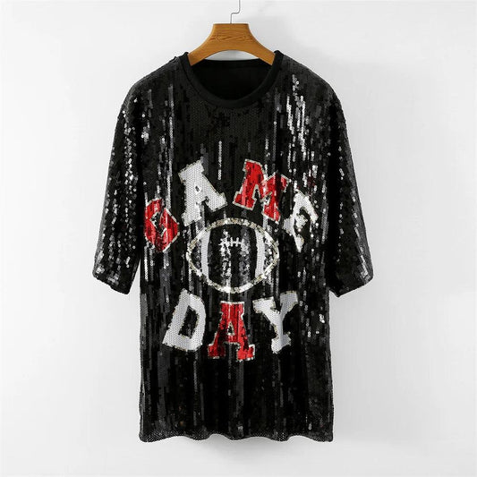 game day black + red sequin t-shirt dress - basil boutique