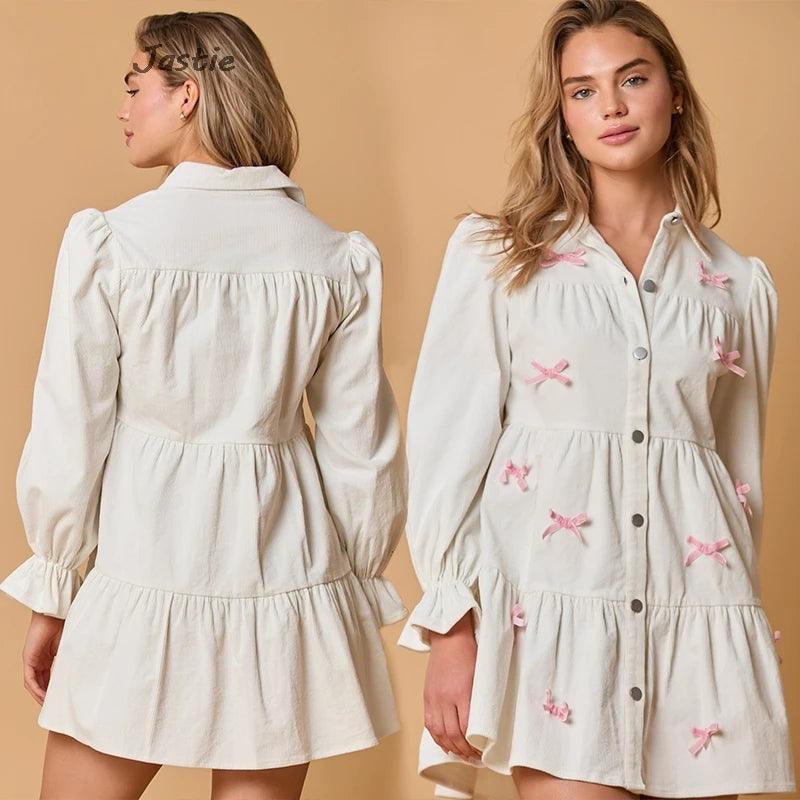 bow corduroy ruffle dress