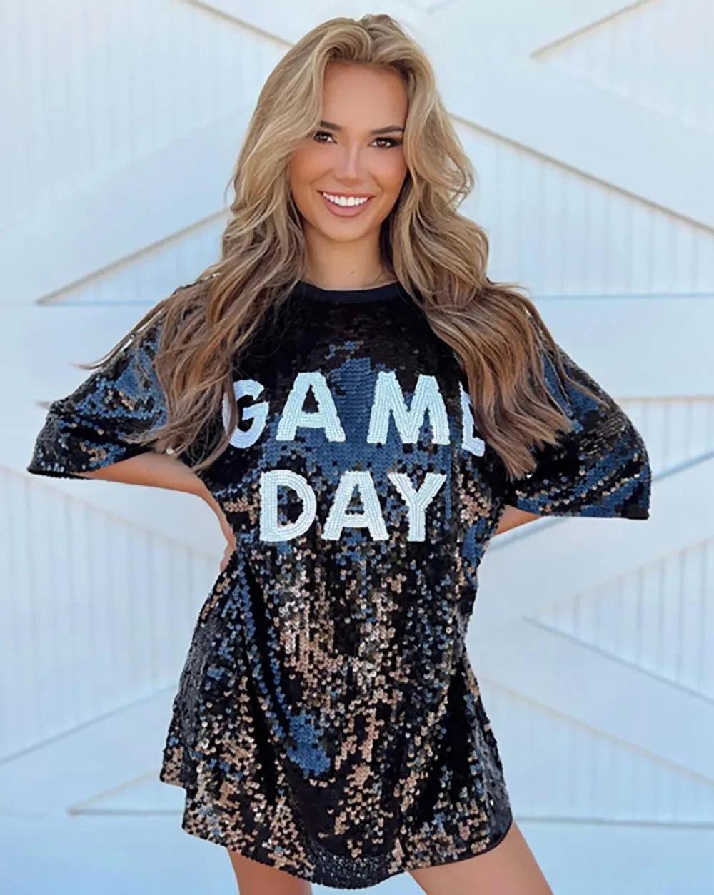 game day sequin t-shirt dress - basil boutique