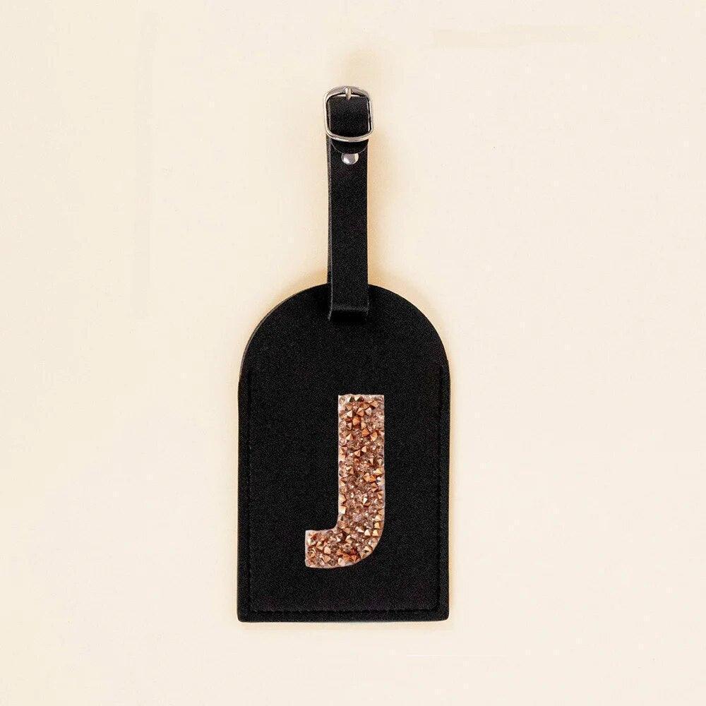 monogram rhinestone luggage tag (black/gold) - basil boutique