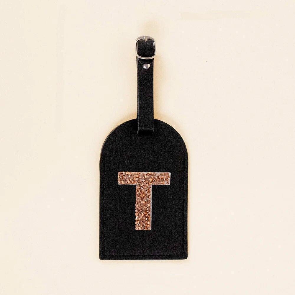 monogram rhinestone luggage tag (black/gold) - basil boutique
