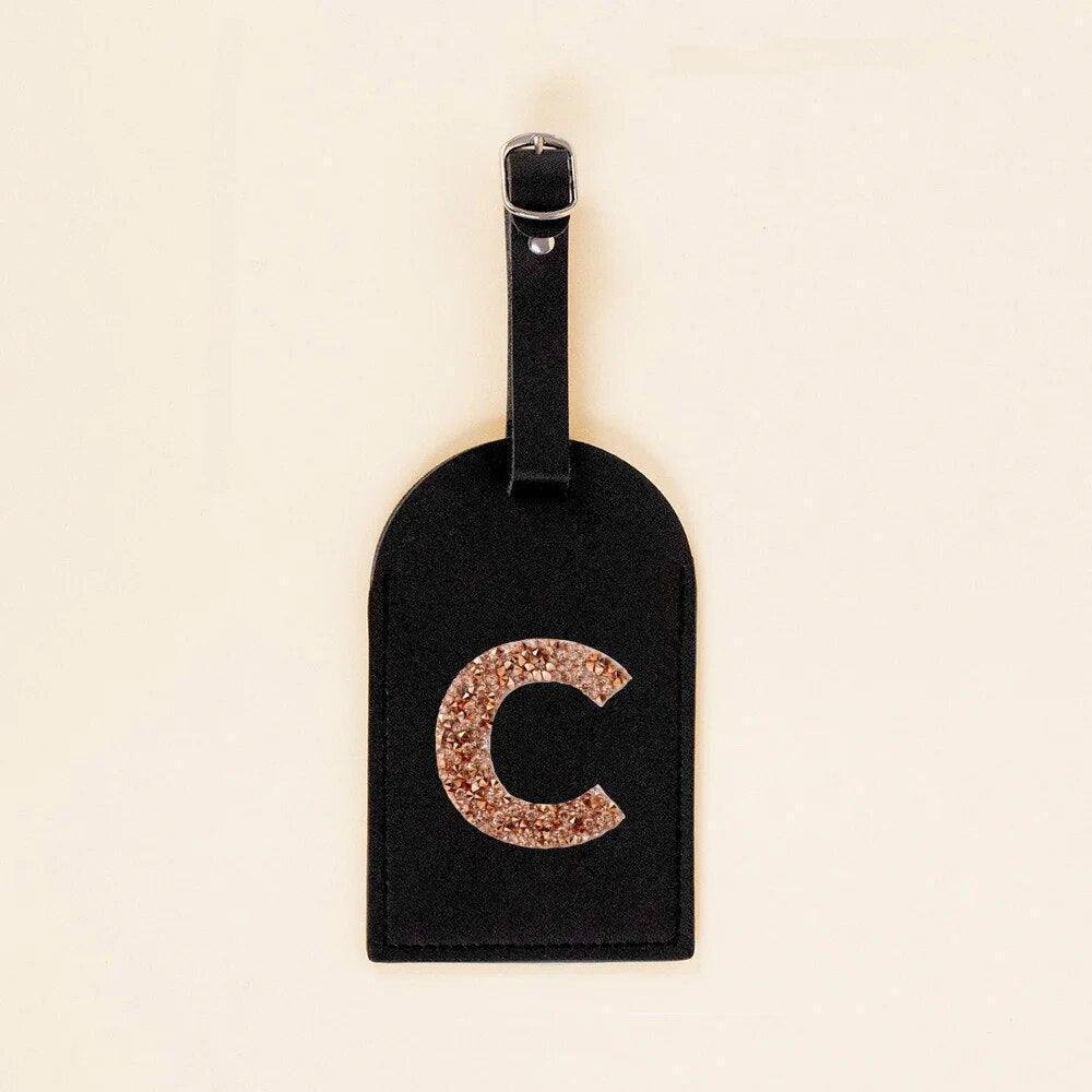 monogram rhinestone luggage tag (black/gold) - basil boutique