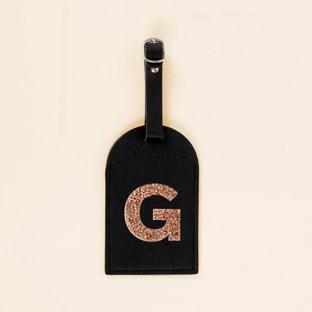 monogram rhinestone luggage tag (black/gold) - basil boutique