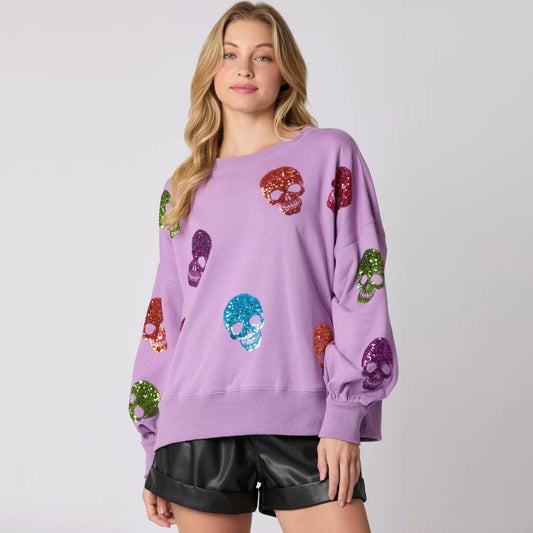 skull sequin crew sweater - basil boutique