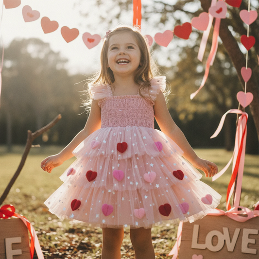 3D heart ruffle sleeve tulle kids dress
