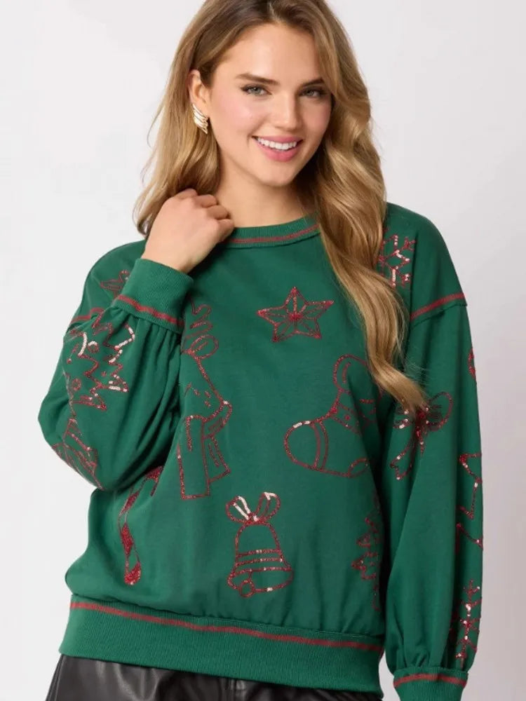 santa's reindeer sequin crew sweater