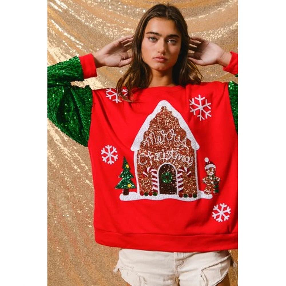 santa's workshop sequin crew sweaters - basil boutique