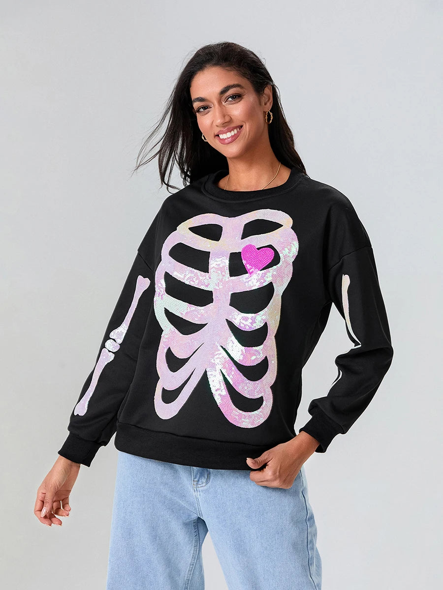 skeleton bones sequin crew sweater - basil boutique