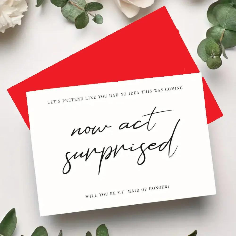 now act surprised bridal party proposal cards