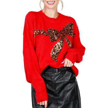 christmas cheetah bow sequin crew sweater