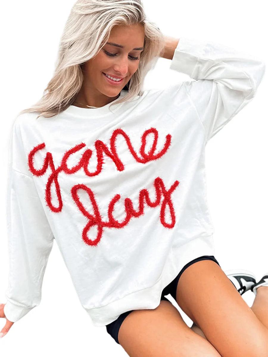 game day red + white crew sweater - basil boutique