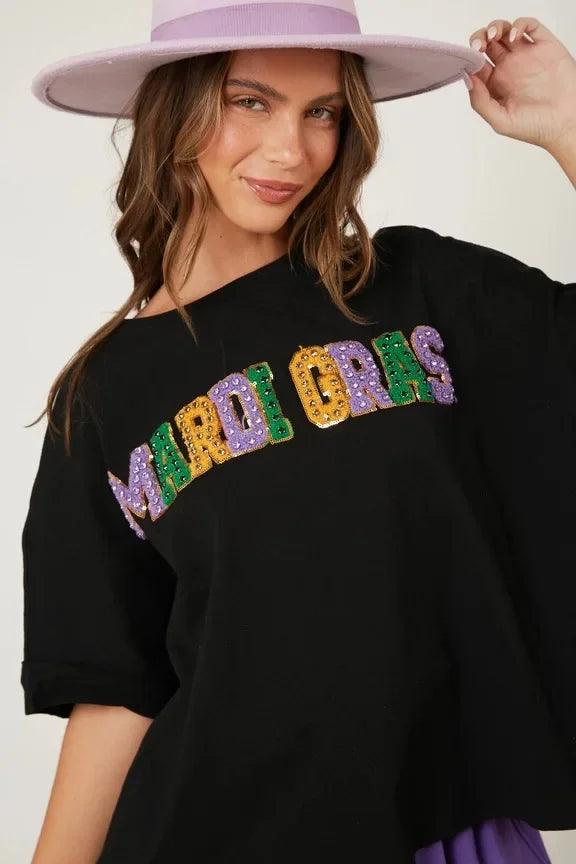 mardi gras rhinestone top - basil boutique