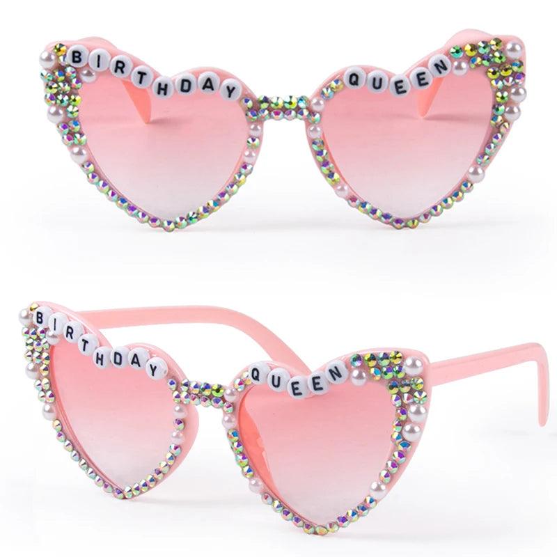 birthday queen pink rhinestone heart sunglasses - basil boutique