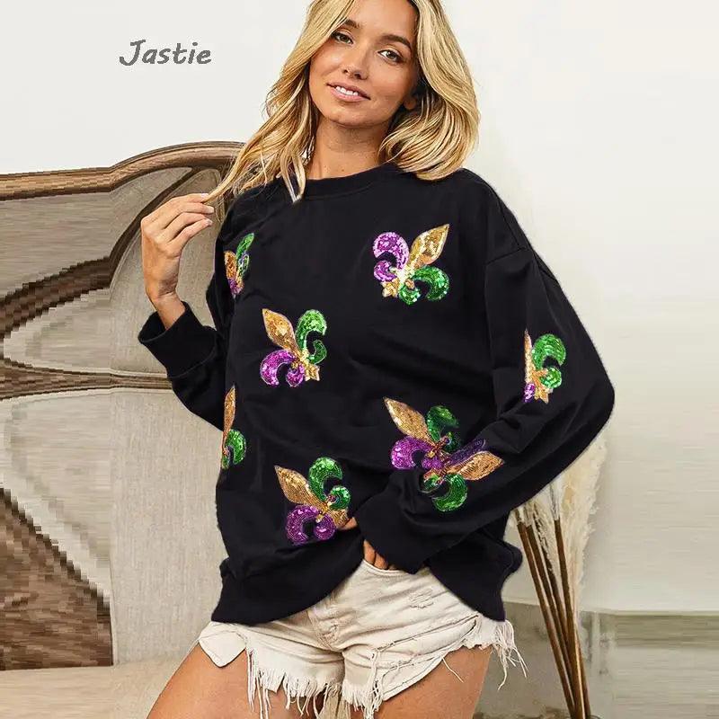 mardi gras sequin crew sweater - basil boutique