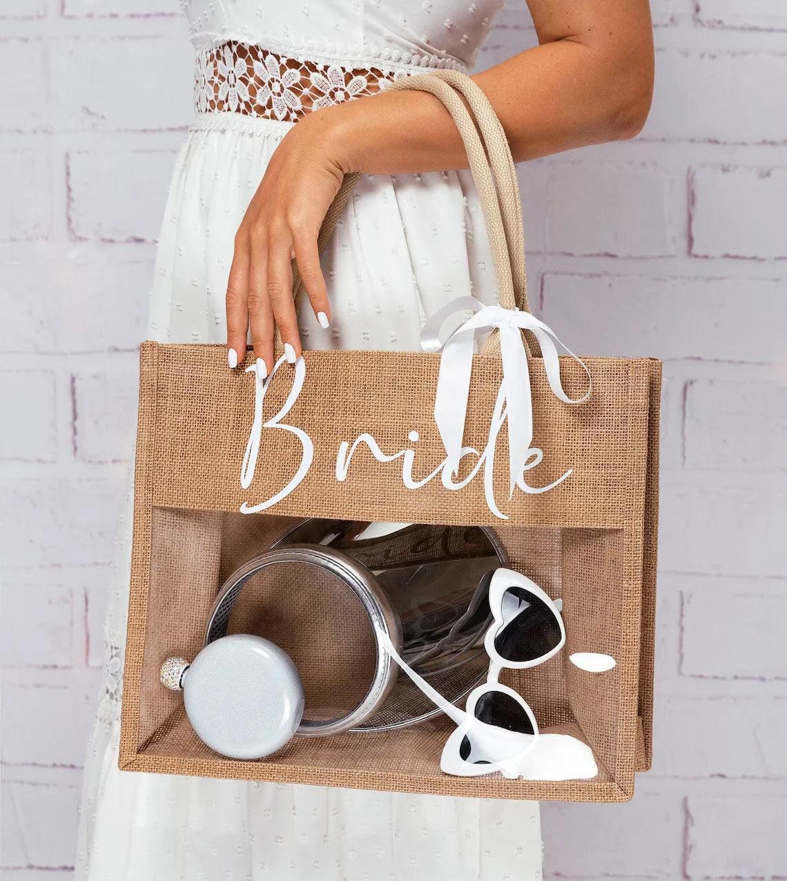 bride script burlap tote bag