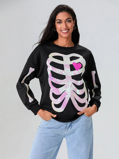 skeleton bones sequin crew sweater - basil boutique